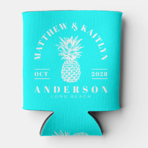 Electric Retro Cyan Tropical Pineapple Wedding Can Cooler