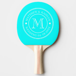 Electric Retro Cyan Wedding Monogram Ping Pong Paddle