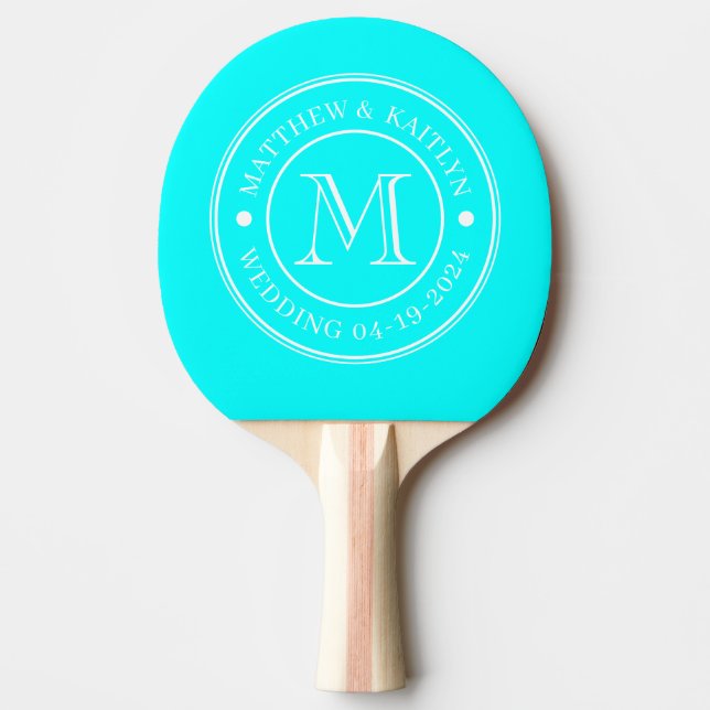 Electric Retro Cyan Wedding Monogram Ping Pong Paddle (Front)