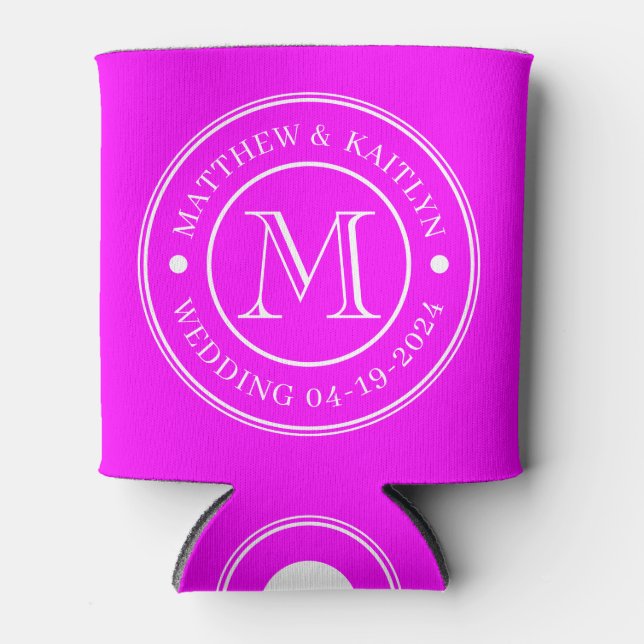 Electric Retro Pink Wedding Monogram Can Cooler (Front)