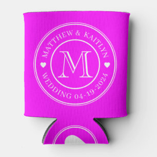 Electric Retro Pink Wedding Monogram Heart Can Cooler