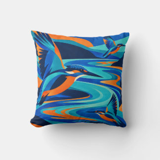 Electric River Kingfishers in Blue and Orange Cushion