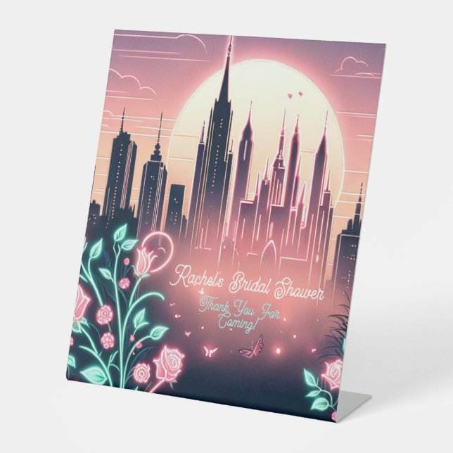 Electric Roses Futuristic  Neon Bridal Shower  Pedestal Sign (Front)