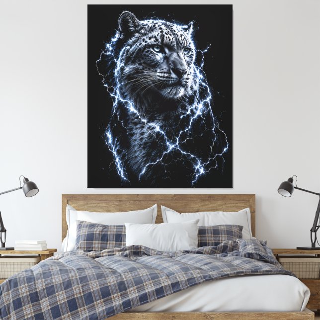 Electric Snow Leopard | Lightning Big Cat Portrait Canvas Print (Insitu(Bedroom))