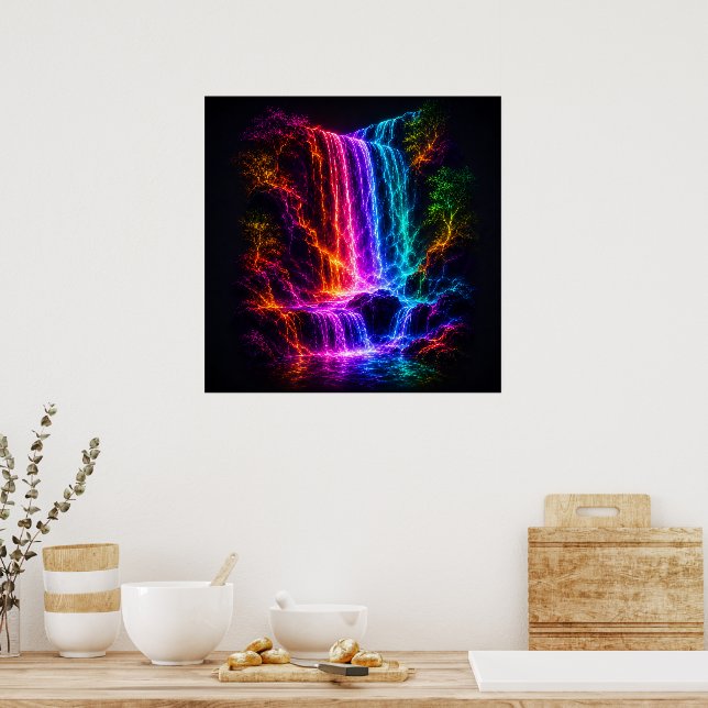 Electric Spectrum Waterfall with Luminous Trees Poster (Kitchen)