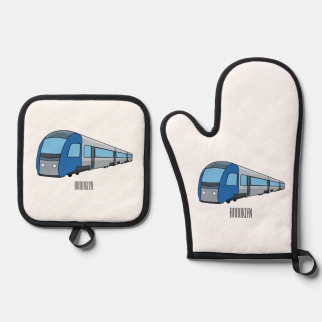 Electric train cartoon illustration  oven mitt & pot holder set (Front)