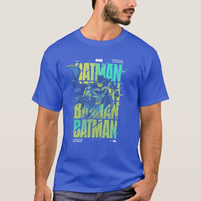 Electric Up Batman Running Through Typography T-Shirt (Front)