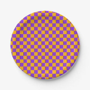 Electric Violet and Golden Amber Checkerboard Paper Plate