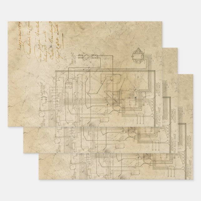 Electrical Schematic Drawing on Brown Wrapping Paper Sheet (Set)