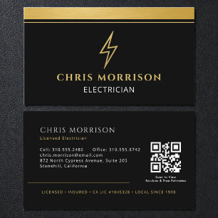 Electrician Black & Gold Metallic QR Code Business Card