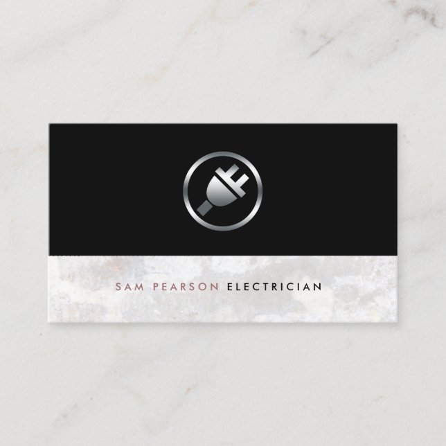 Electrician Bold Silver Electric Plug Icon Elegant Business Card (Front)