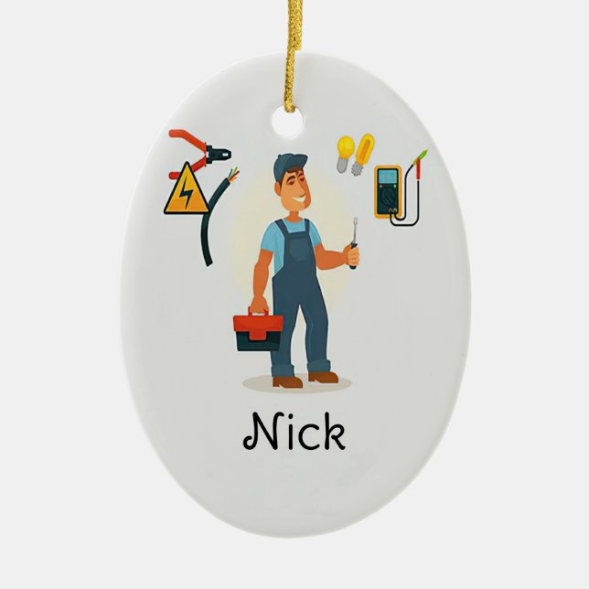 Electrician Christmas Ornament, Personalised Elect Ceramic Tree Decoration (Front)