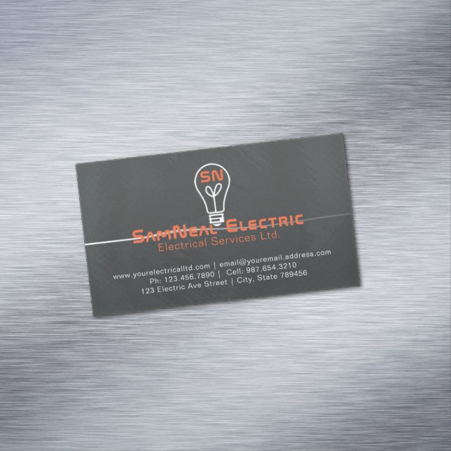 Electrician lightbulb logo magnet business card (In Situ)
