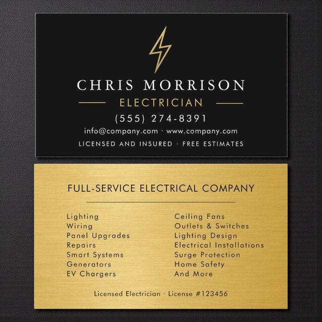 Electrician Metal Black Gold Handyman Contractor Business Card (Creator Uploaded)