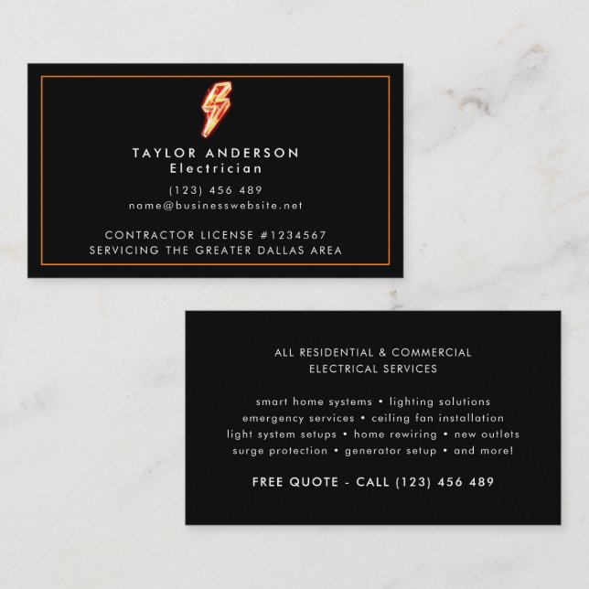 Electrician Modern Black Professional Electric Business Card (Front/Back)