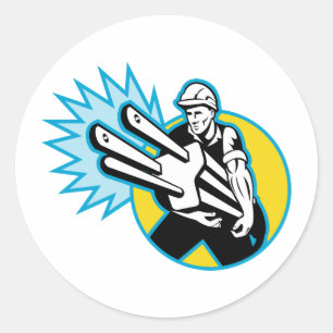 Electrician or power lineman carrying a plug classic round sticker