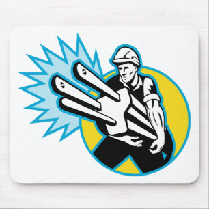 Electrician or power lineman carrying a plug mouse mat