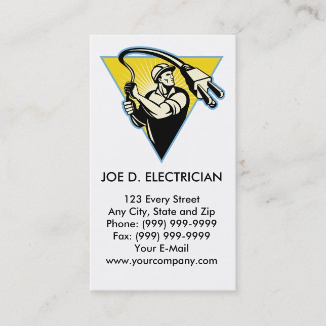 Electrician or power lineman holding lasso plug business card (Front)
