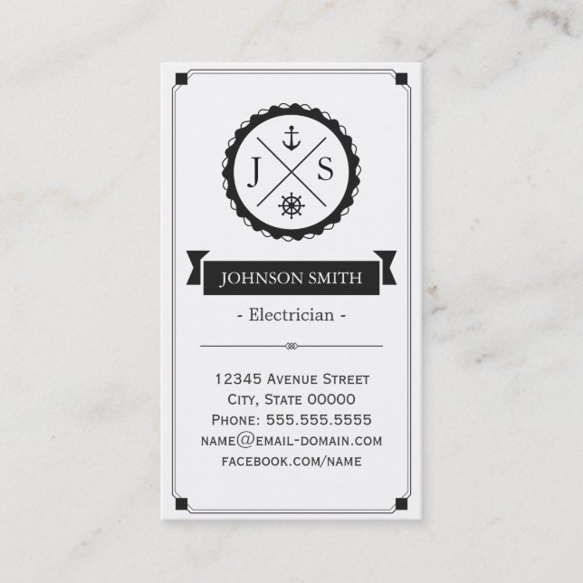 Electrician - Retro Nautical Monogram Business Card (Front)