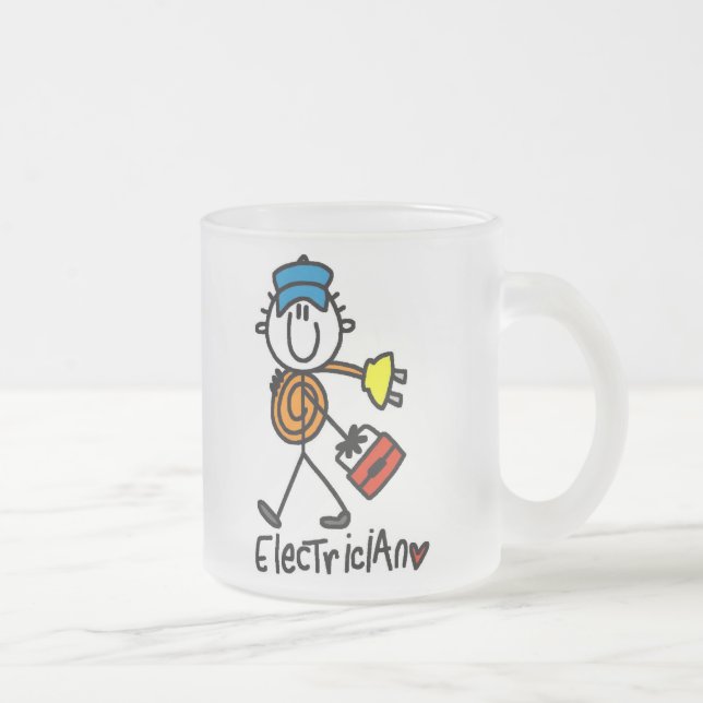 Electrician Stick Figure Frosted Glass Coffee Mug (Right)