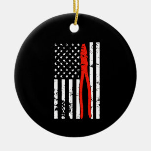 Electrician with America Flag Ceramic Tree Decoration
