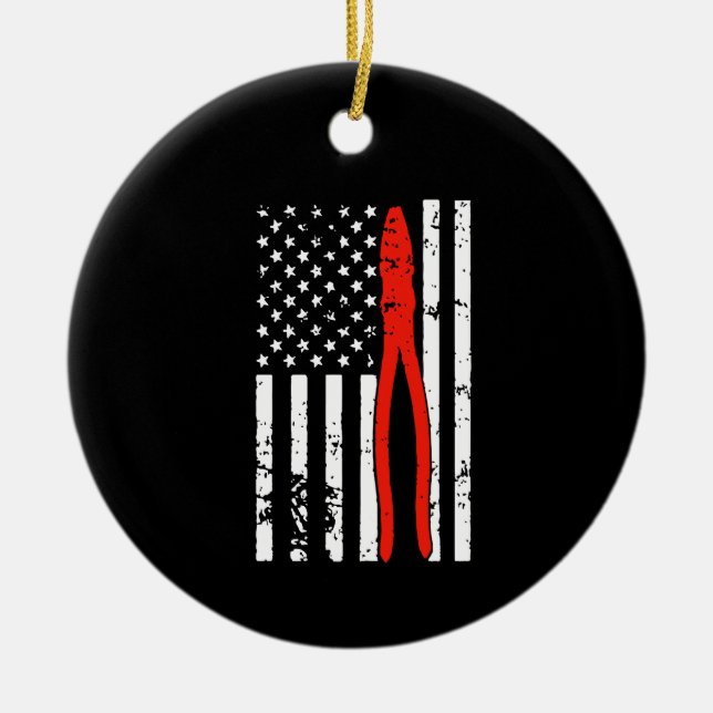 Electrician with America Flag Ceramic Tree Decoration (Front)