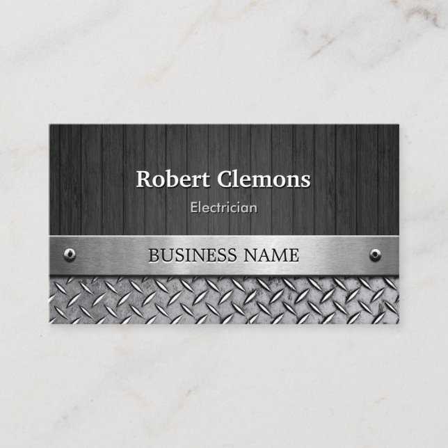Electrician - Wood and Metal Look Business Card (Front)