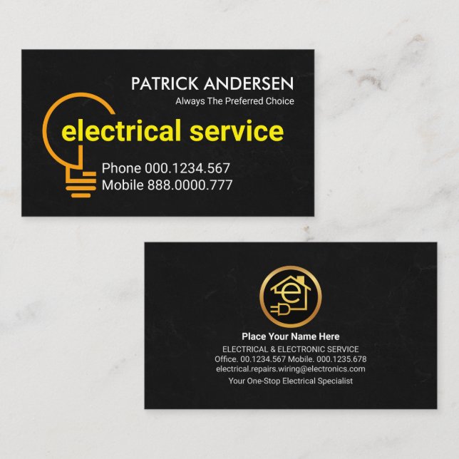 Electrician Yellow Bulb Black Grunge Business Card (Front/Back)
