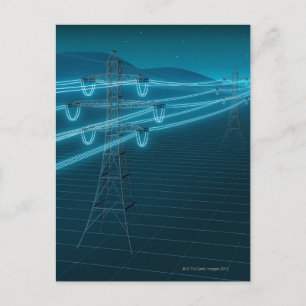 Electricity pylon with glowing power lines 2 postcard