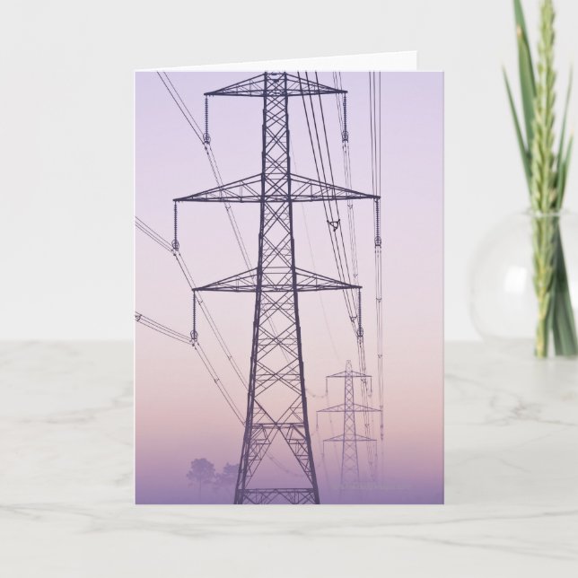 Electricity pylons in mist at dawn. card (Front)