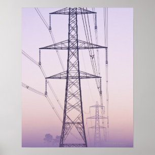 Electricity pylons in mist at dawn. poster