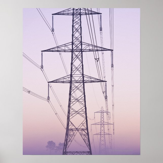 Electricity pylons in mist at dawn. poster (Front)