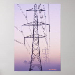 Electricity pylons in mist at dawn. poster
