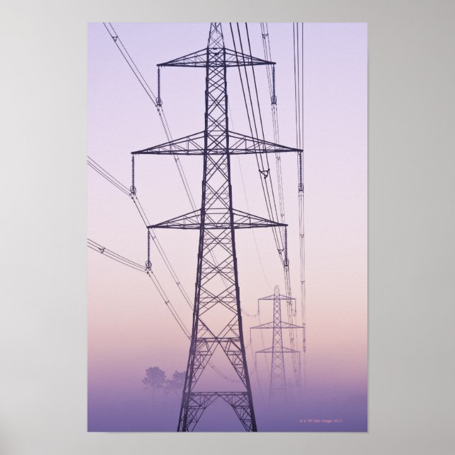 Electricity pylons in mist at dawn. poster (Front)