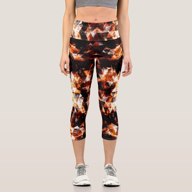 Electrifying orange sparkly triangle fire flames capri leggings (Front)