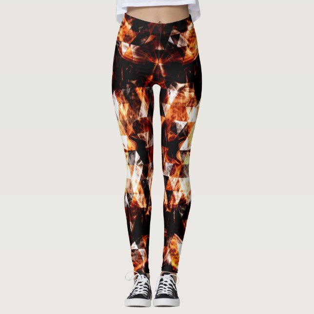 Electrifying orange sparkly triangle fire flames leggings (Front)