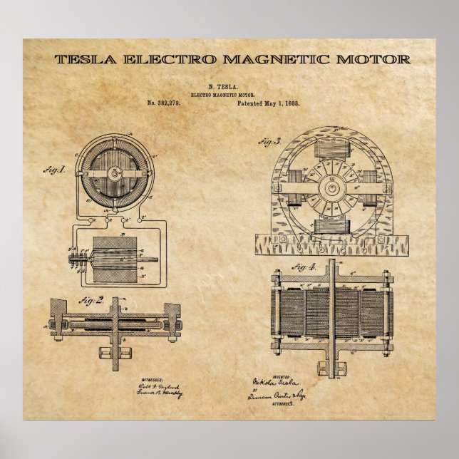ELECTRO MAGNETIC MOTOR PATENT by TESLA 1888 Poster (Front)