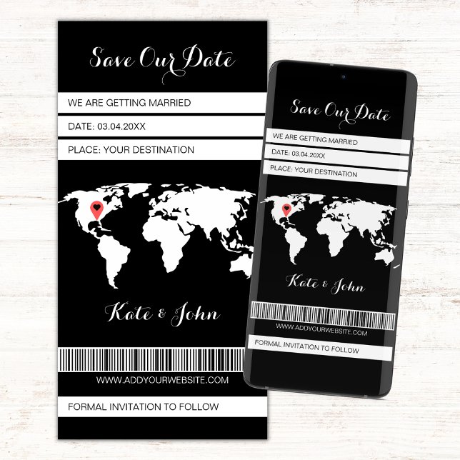 Electronic Boarding Pass Destination Black White Save The Date (Save the date electronic boarding pass invitation, save our date for destination wedding)