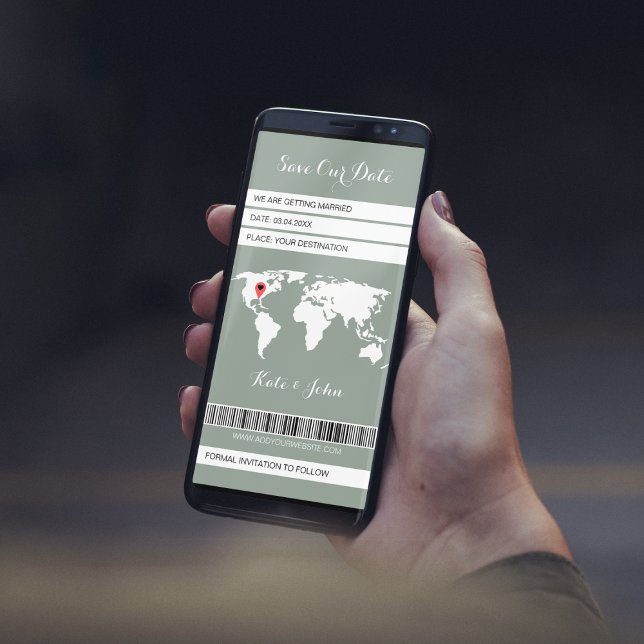 Electronic Boarding Pass Destination Sage Green Save The Date (save the date boarding pass electronic ticket sage green world map destination wedding)