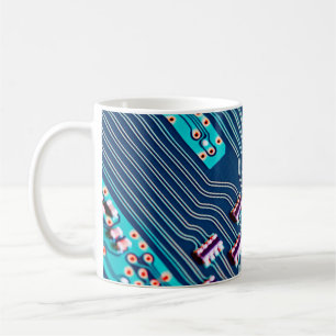 Electronic circuit board close up. background,boar coffee mug
