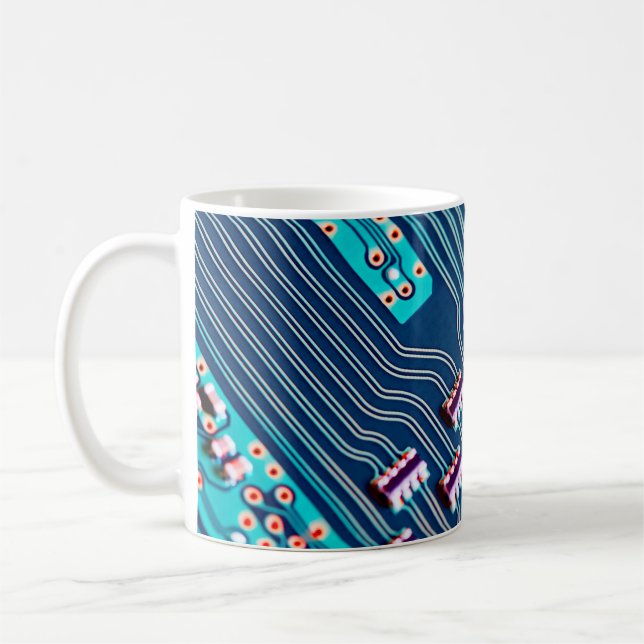 Electronic circuit board close up. background,boar coffee mug (Left)