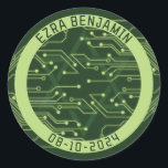 Electronics Computer Circuit Board Bar Mitzvah Classic Round Sticker<br><div class="desc">Green computer circuit board Bar Mitzvah envelope seal or favour sticker. This non-traditional computer motherboard or electronics inspired design features a subtle Jewish Star of David along with circuitry as you'd see on an electronic circuit board. These elements are paired with digital computer fonts. The colours are various shades of...</div>