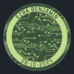 Electronics Computer Circuit Board Bar Mitzvah Classic Round Sticker<br><div class="desc">Green computer circuit board Bar Mitzvah envelope seal or favour sticker. This non-traditional computer motherboard or electronics inspired design features a subtle Jewish Star of David along with circuitry as you'd see on an electronic circuit board. These elements are paired with digital computer fonts. The colours are various shades of...</div>