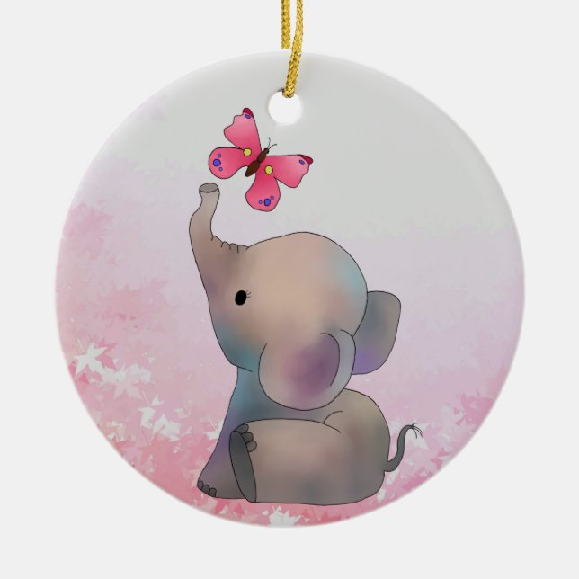 Elefant mit Schmetterling Ceramic Tree Decoration (Front)