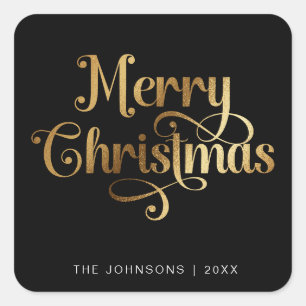 Elegan Black & Gold Merry Christmas Script Custom Square Sticker