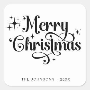 Elegan Black & White Merry Christmas Script Custom Square Sticker