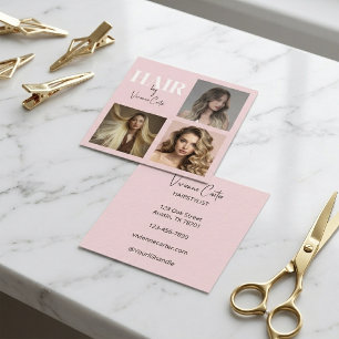 Elegan Blush Pink Script 3 Photo Hair Stylist Square Business Card