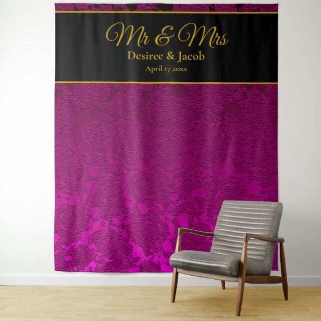Elegan Fuchsia Pink Gold Black Mr & Mrs Backdrop Tapestry (In Situ)