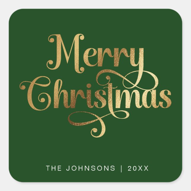 Elegan Green & Gold Merry Christmas Script Custom Square Sticker (Front)