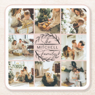 Elegan Modern Blush Pink Monogram Family Photo Square Paper Coaster